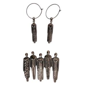 Laurel Birch Vintage 90s tribal people bin brooch and drop earrings‎ set.